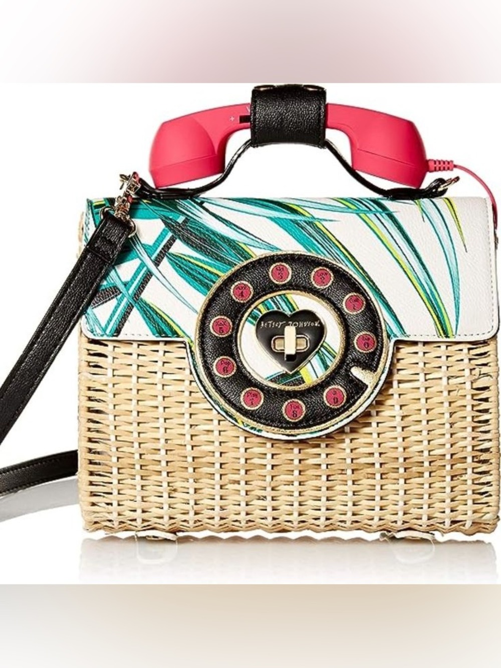 🤩 Adorable Betsey Johnson Pink Phone Dial Wicker Crossbody with Teal Leaf Flap - Picture 1 of 10